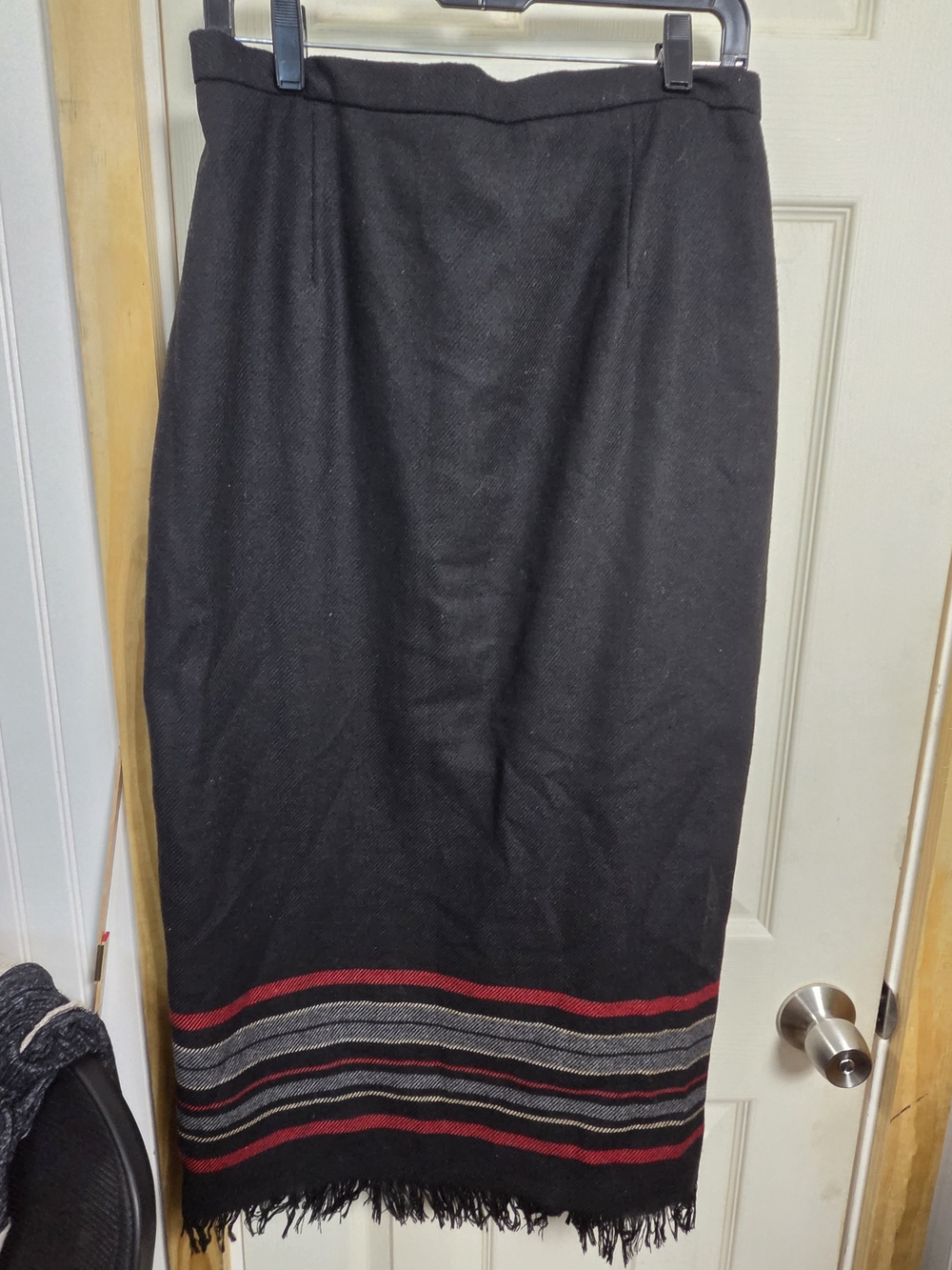 Boho Fringe Hem Southwestern Black Maxi Skirt Red & Gray Stripe #0392